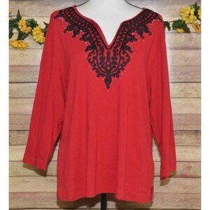 Rebecca Malone Red Knit Tunic Top Black Ribbon Trim Studded V-Neck Size 1X